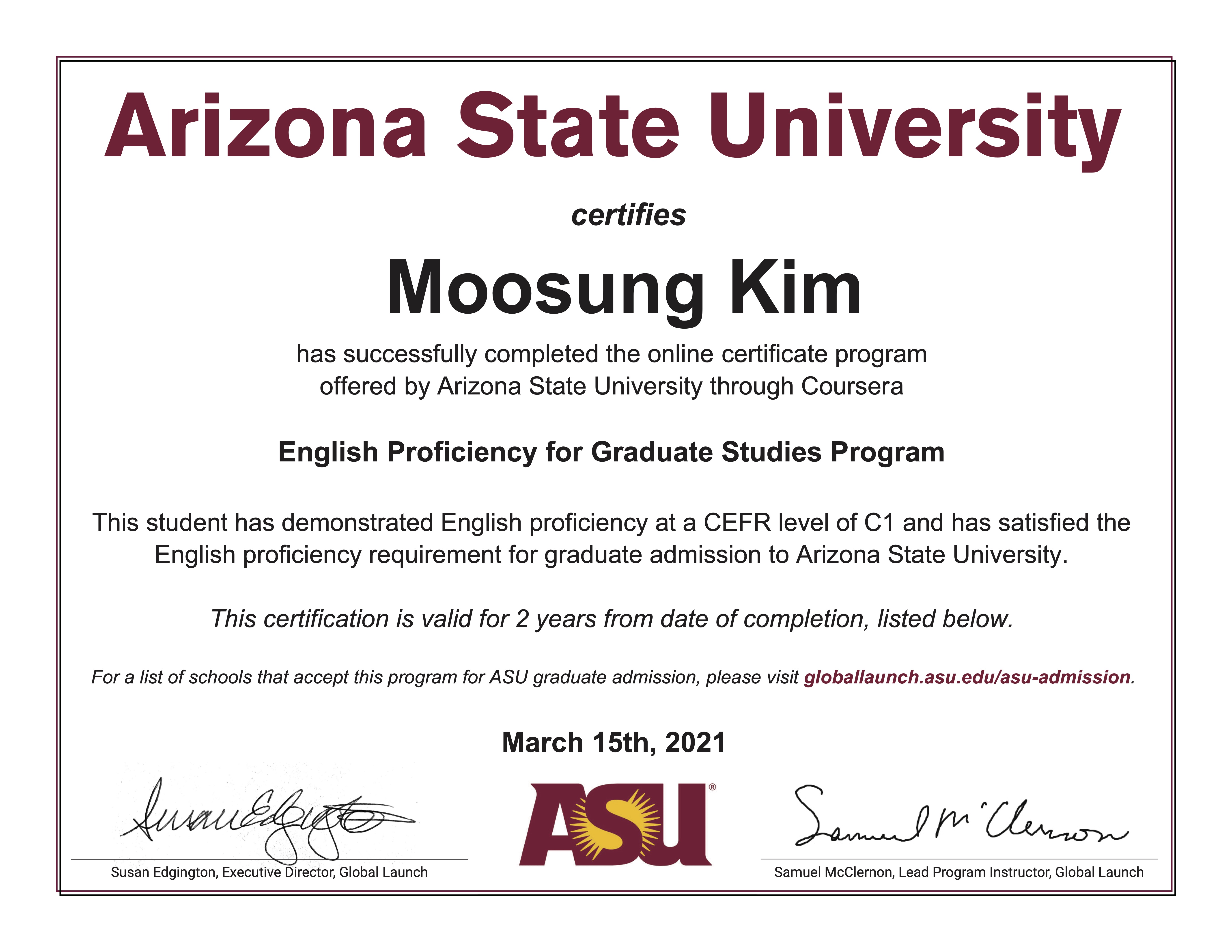 Arizona State University English Proficiency Certificate